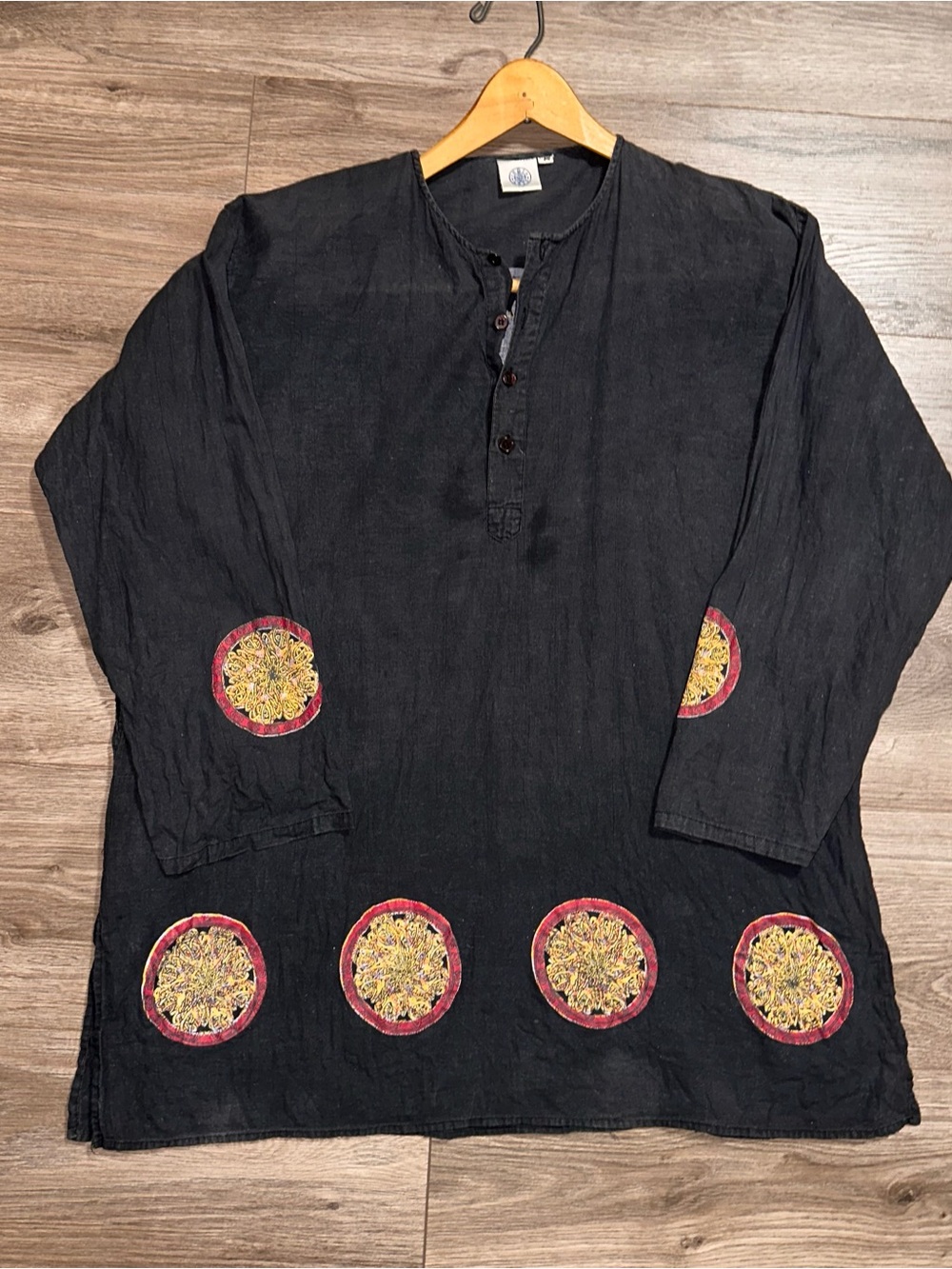 Bohemian Unisex India Arts Cotton Shirt with Red & Gold Medallions